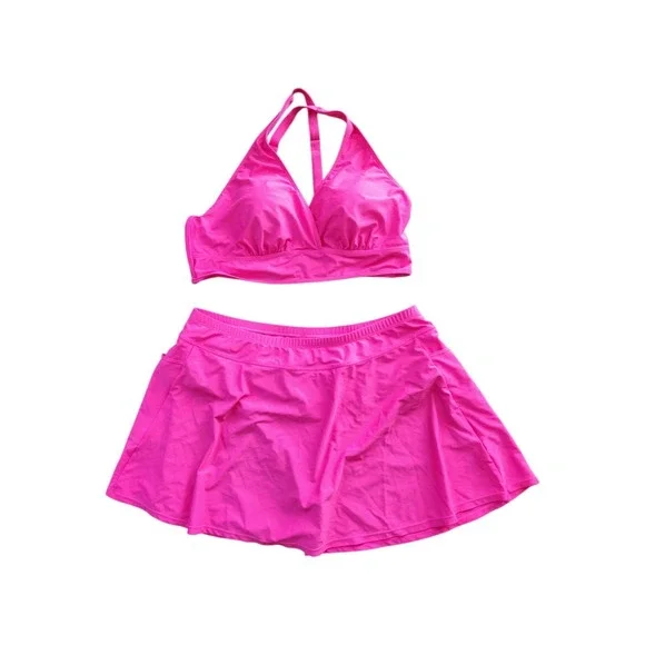 EUC Yonique Hot Pink Skirted Bikini Set - High- Waisted Tummy Control 20W Swim - Picture 3 of 11
